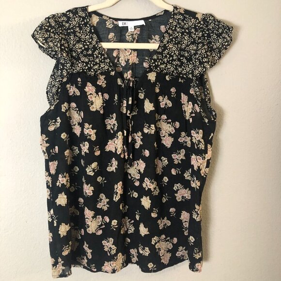 DR2 DANIEL RAINN Black Pink Floral Flutter Short Sleeve Blouse Top Womens size M - Picture 3 of 8
